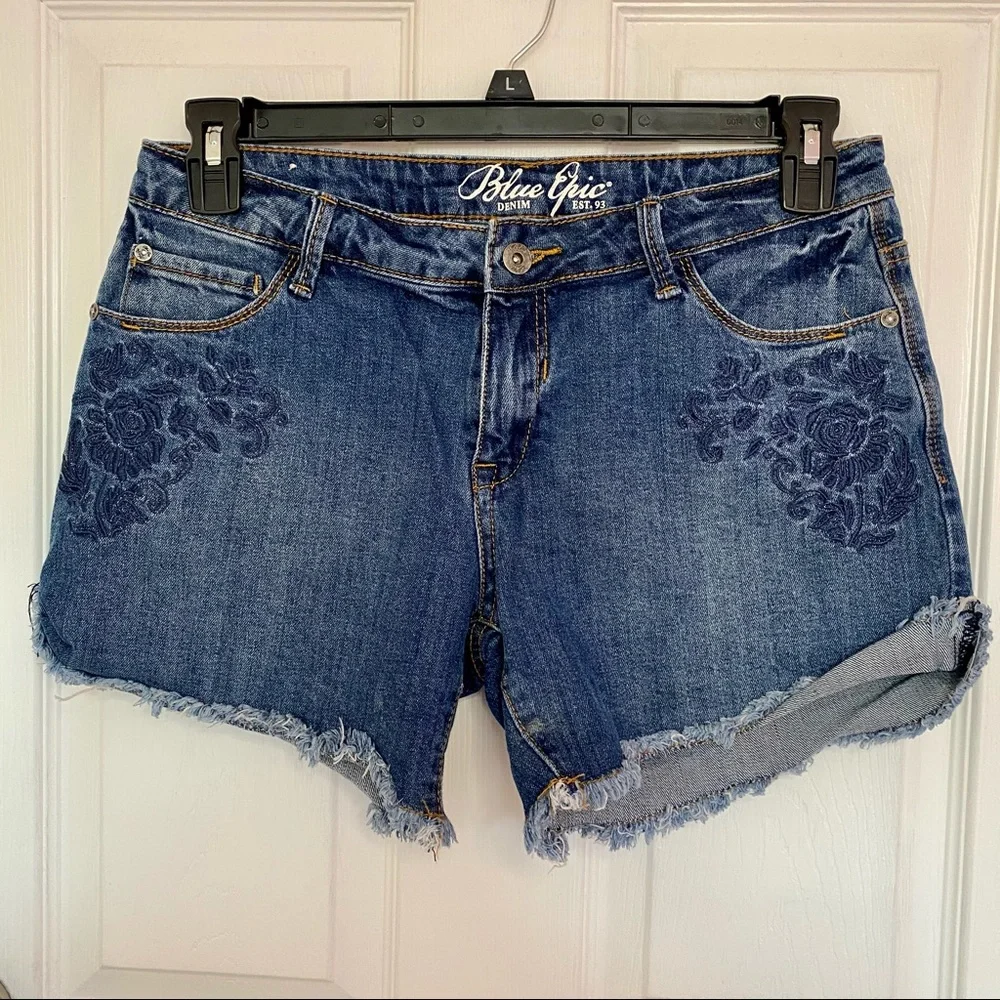 Embroidered Dark Blue Denim Shorts